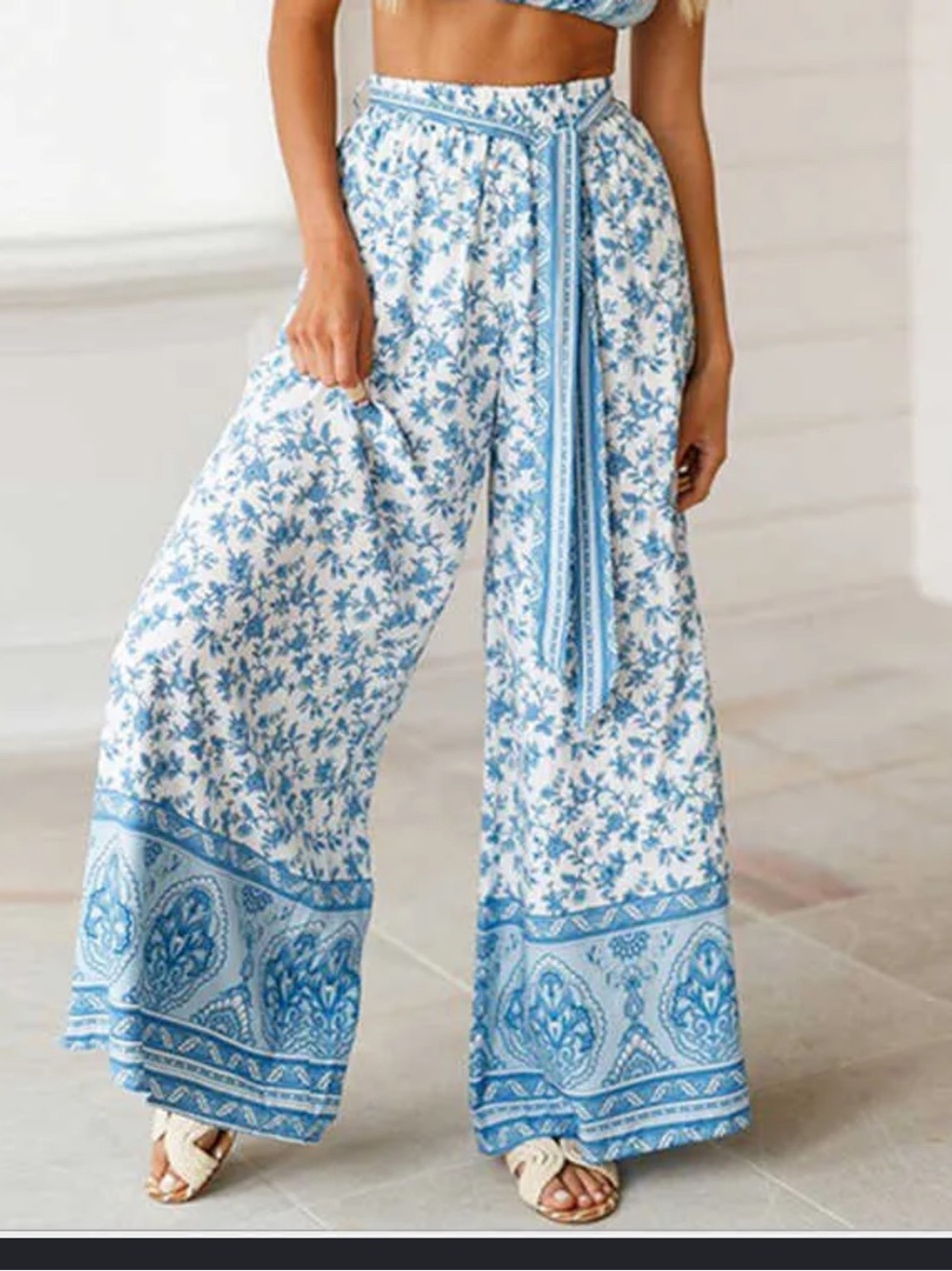 Wide Leg Beach Pants - white/blue floral paisley w/tie